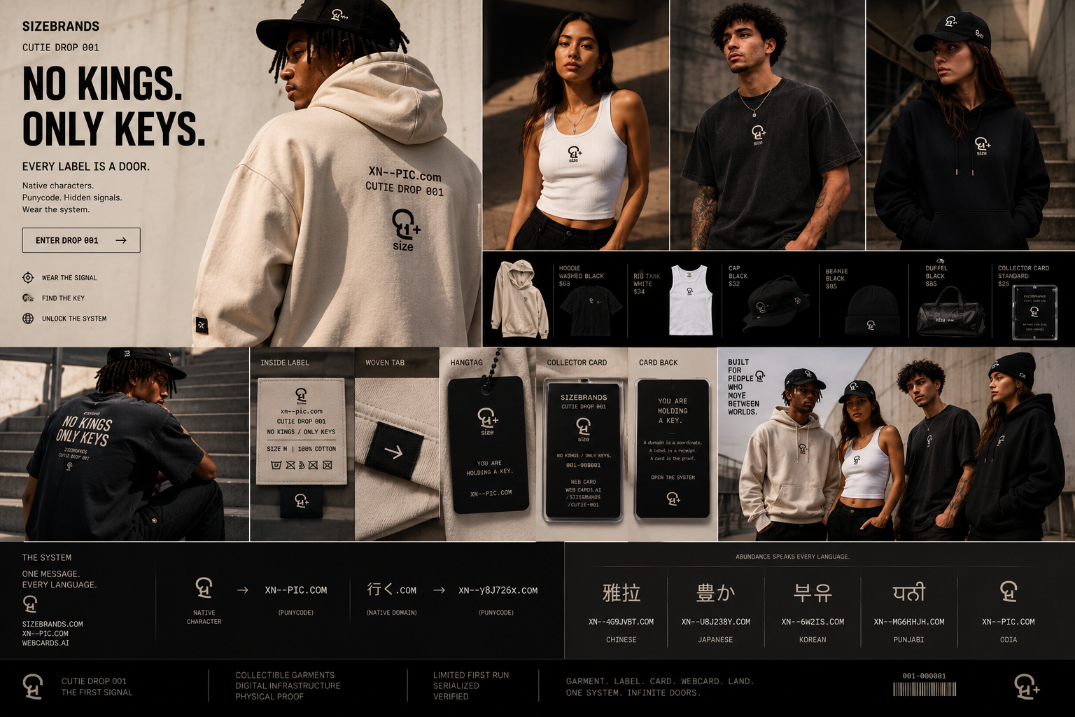 CUTIE DROP 001 campaign — models in the hoodie, tee, tank, and cap